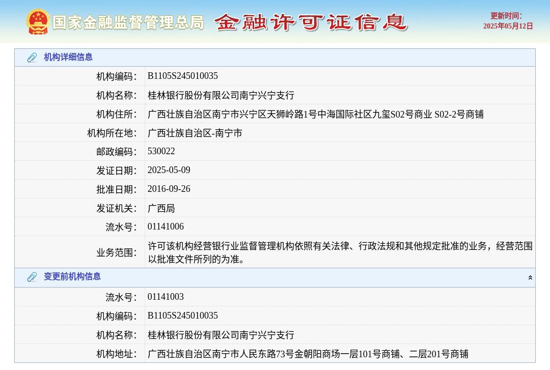 桂林银行股份有限公司南宁兴宁支行换发金融许可证, 发证日期2025年5月9日