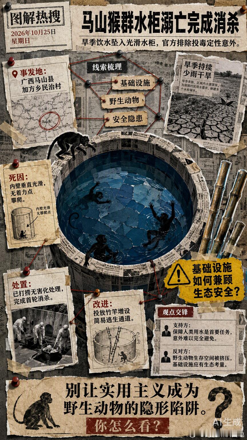 马山这处地头水柜，成了猴群的“断头台”。官方通报排除了人为投毒，定性为意外。旱季
