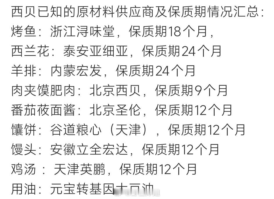西贝原材料供应商及保质期情况汇总西贝道歉 ​​​