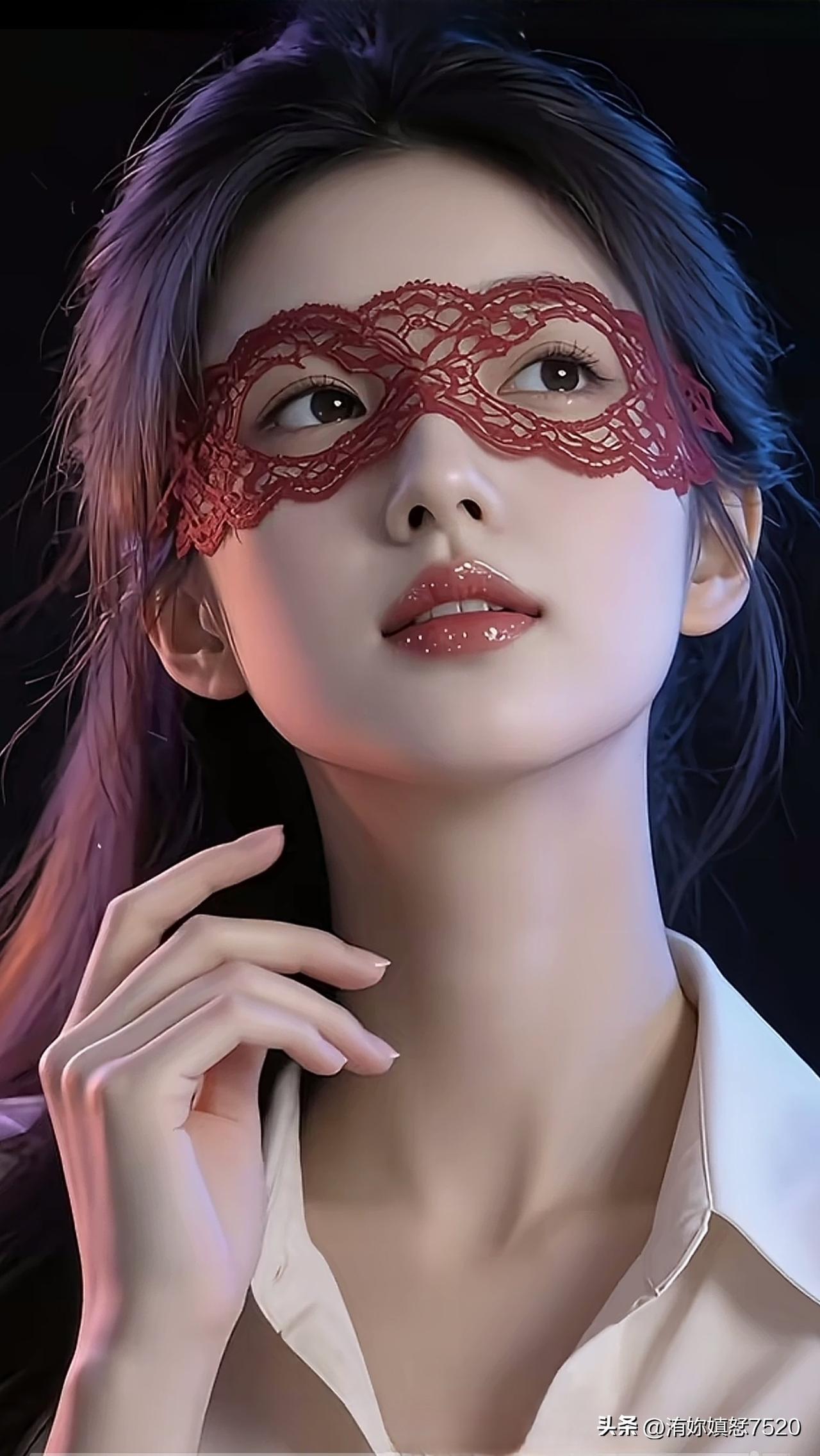 戴红蕾丝眼罩的时尚女孩，总能瞬间抓住众人目光。就像她身穿白色罩衫搭配蕾丝眼罩大跳