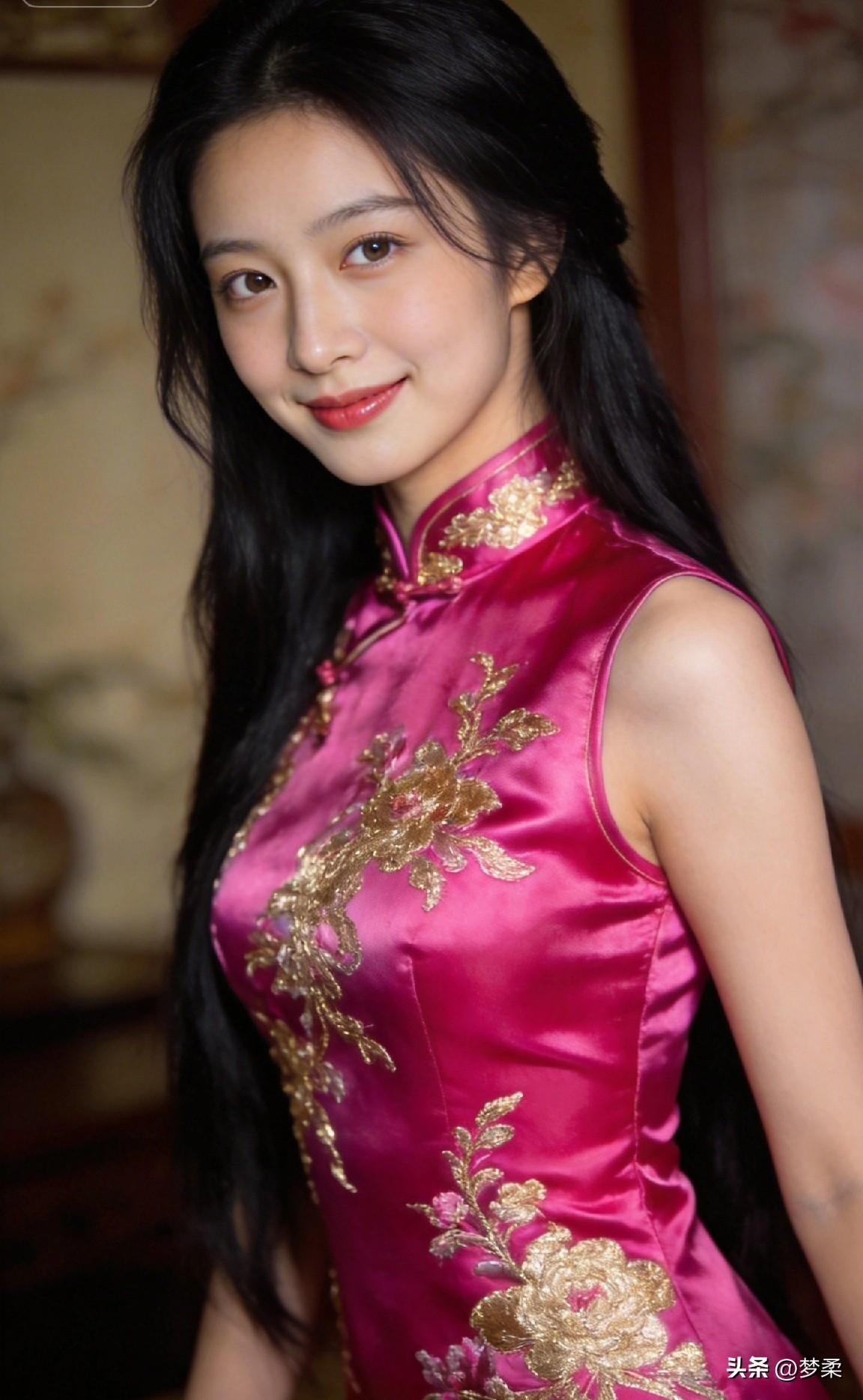 惊艳的东方美人，粉色的旗袍尽显优雅与魅力！