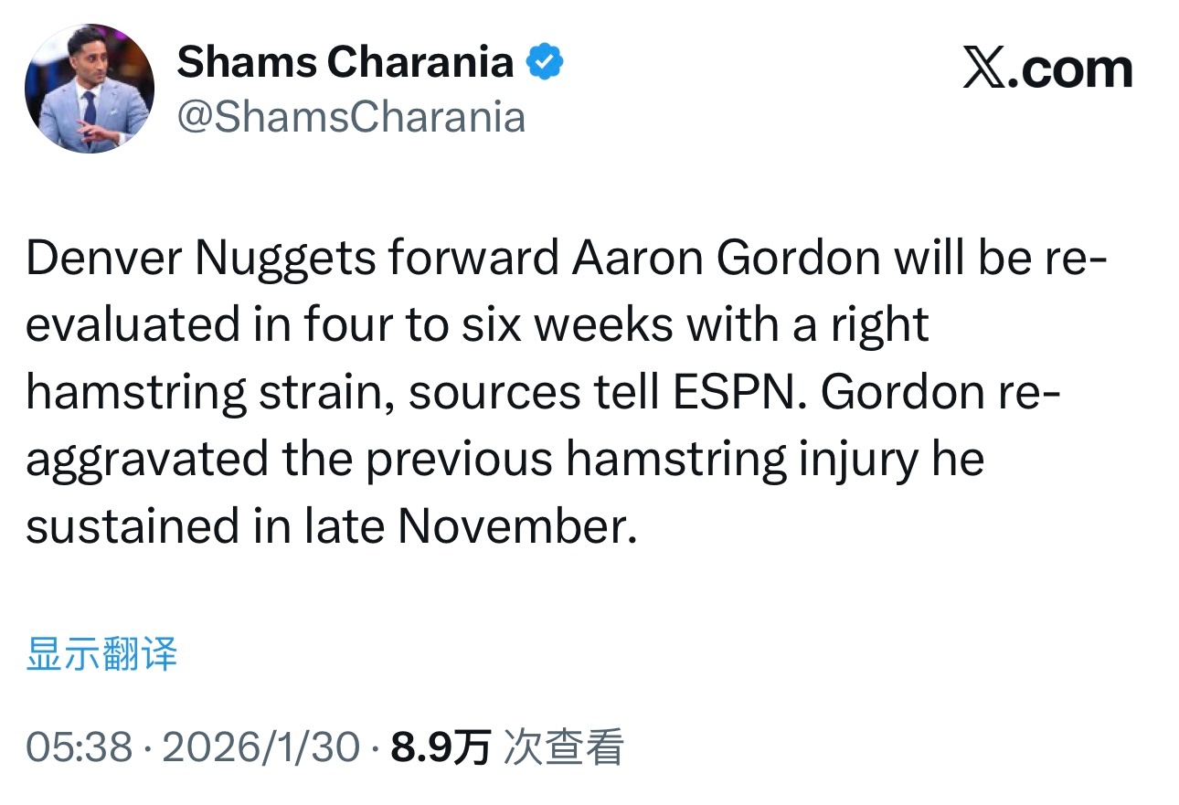 Shams：掘金前锋阿隆·戈登右腿筋拉伤，将在4-6周内复查，这是他在去年11月