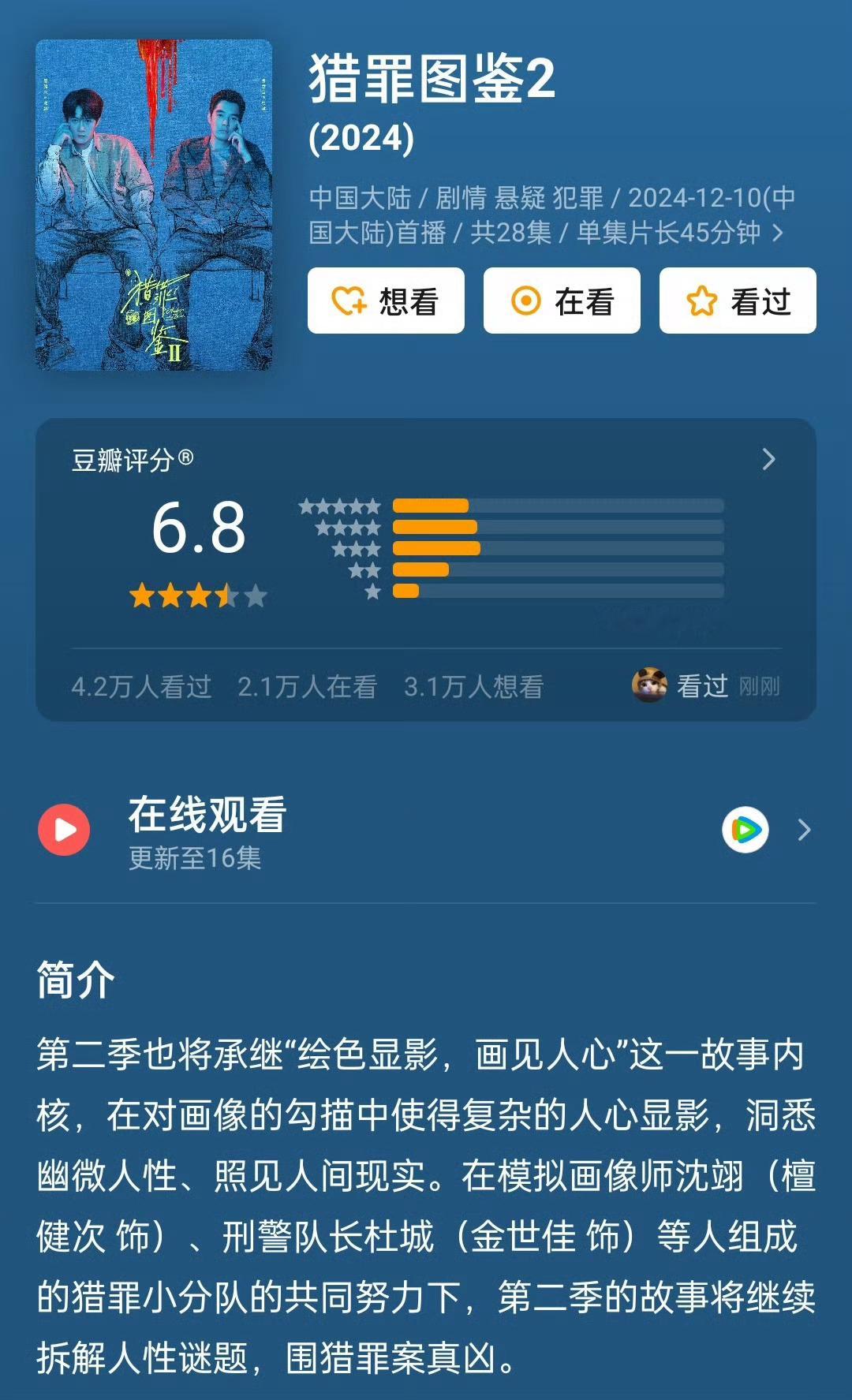 《猎罪图鉴2》豆瓣开分6.8，第一季7.6 都是很好看的 感觉还是很有潜力 大家