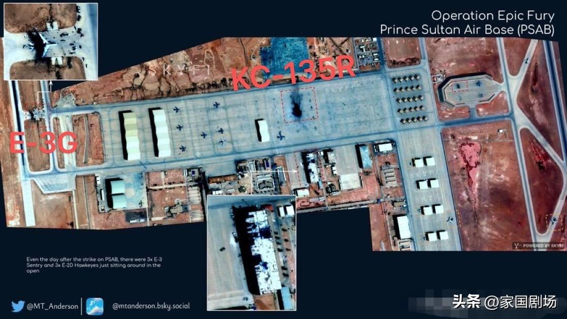 3月28日早晨的卫星图像，清晰地展示了沙特阿拉伯苏丹王子空军基地，在3月27日凌