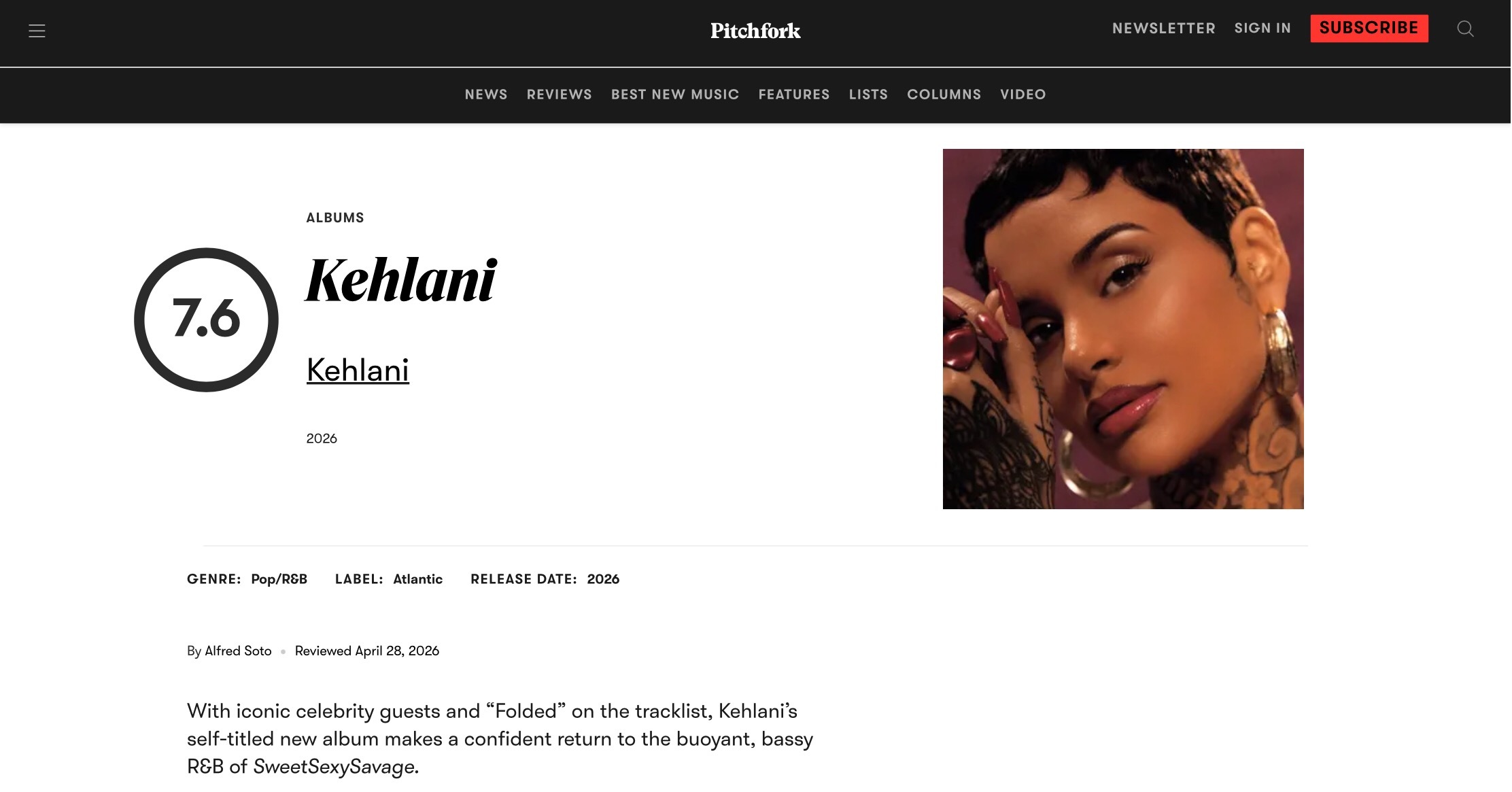 【乐评速递】Kehlani 全新同名大碟『Kehlani』获乐评机构 Pitch