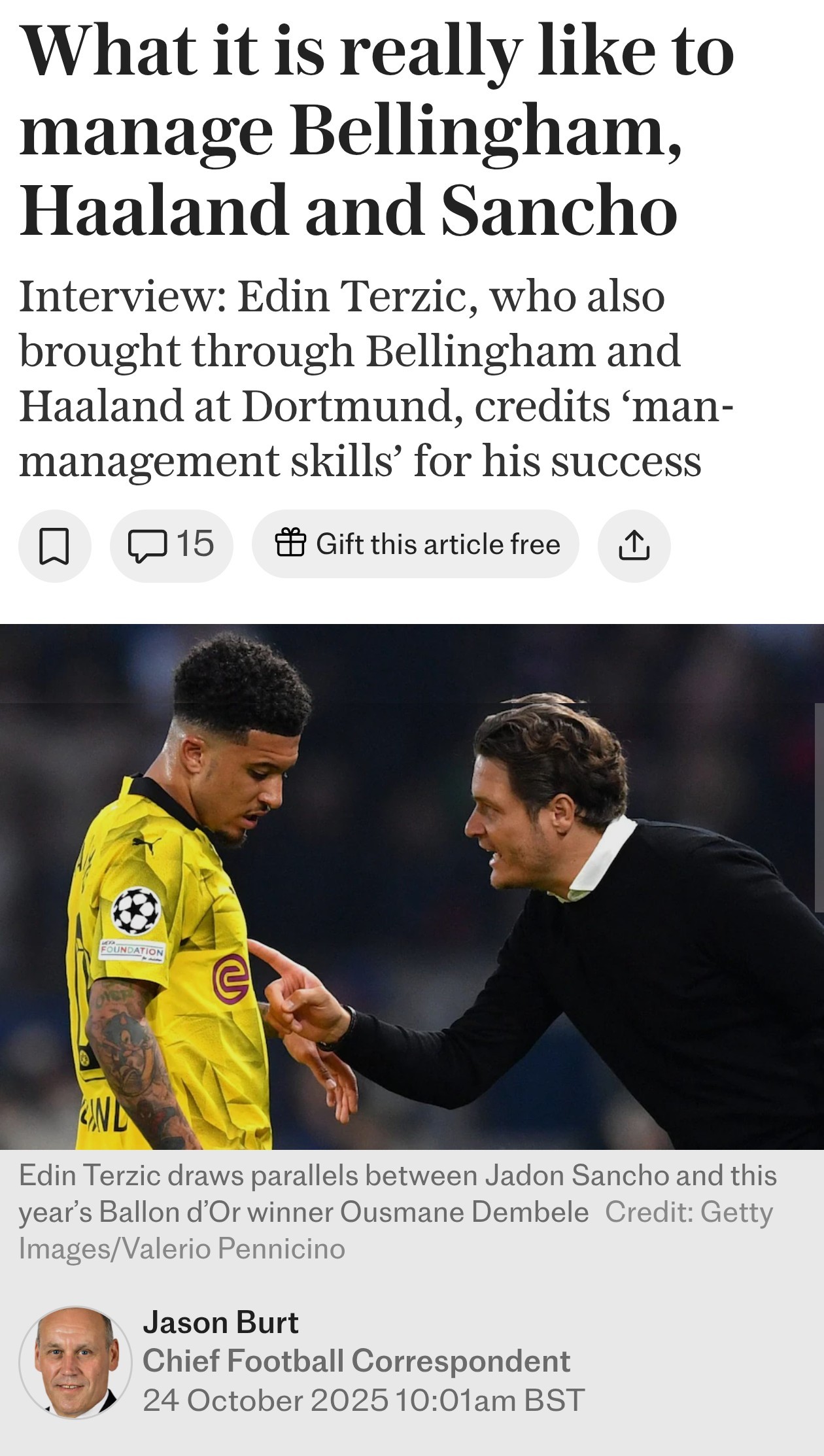 电讯报泰尔齐奇专访：管理贝林厄姆、哈兰德和桑乔到底是怎样一种体验哪位教练曾培养出