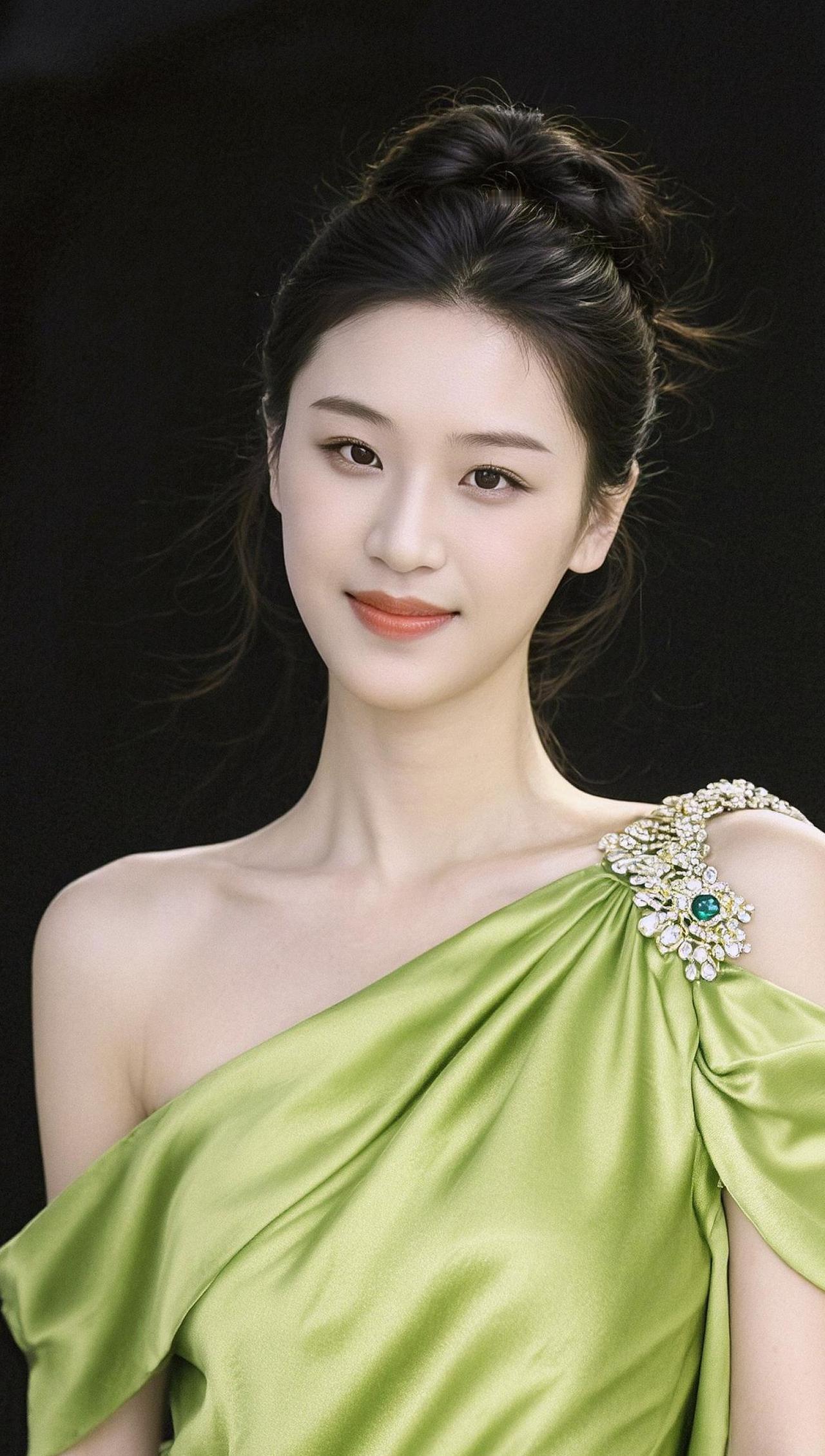 这抹绿色仿佛是春日的精灵，轻盈地跃上肩头，带来一丝清凉与优雅。肩上的线条勾勒出柔