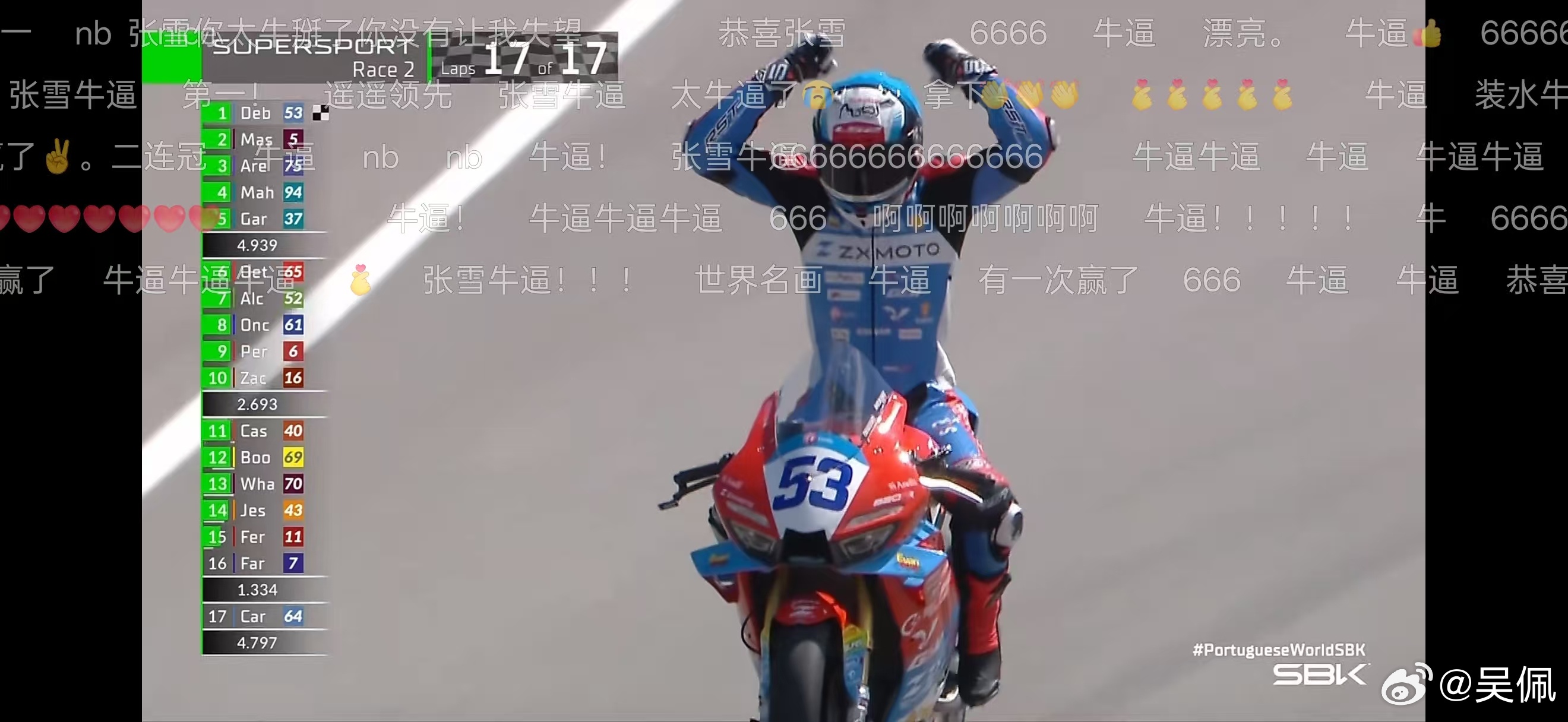 张雪在最后3圈13号弯时失误掉到第三位，没想到之后还能生吃雅马哈和杜卡迪，强势夺