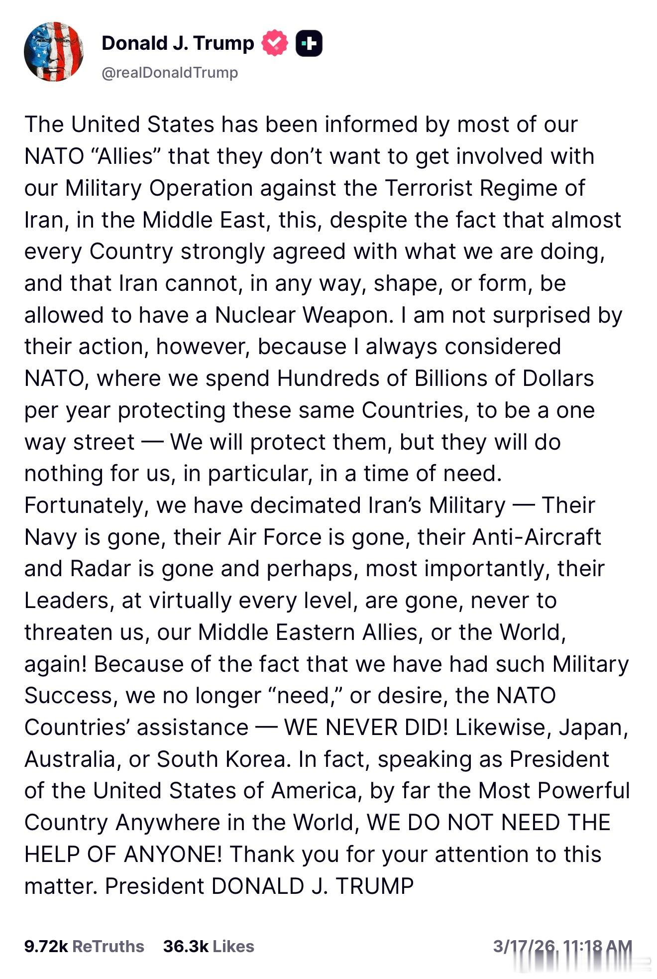 川普总统今天发的Truth，我读出的是悲壮的感觉。它让我想起在2024年大选时，