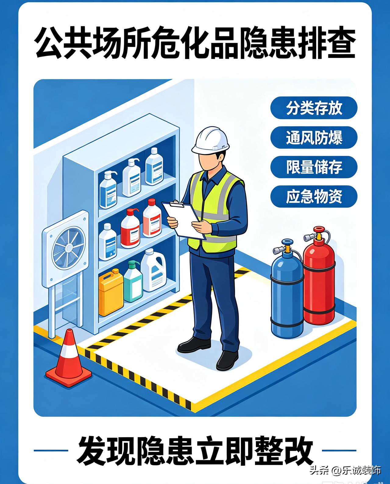 公共场所危化品隐患排查，重点做好几项工作。先梳理场所内油漆、酒精、消毒液、气瓶等