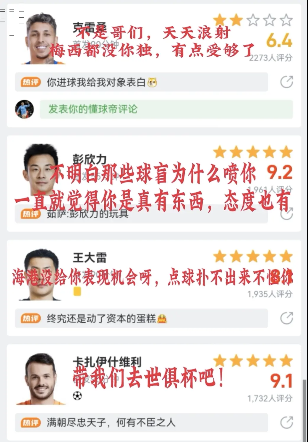 对昨天泰山队球员表现的看法。