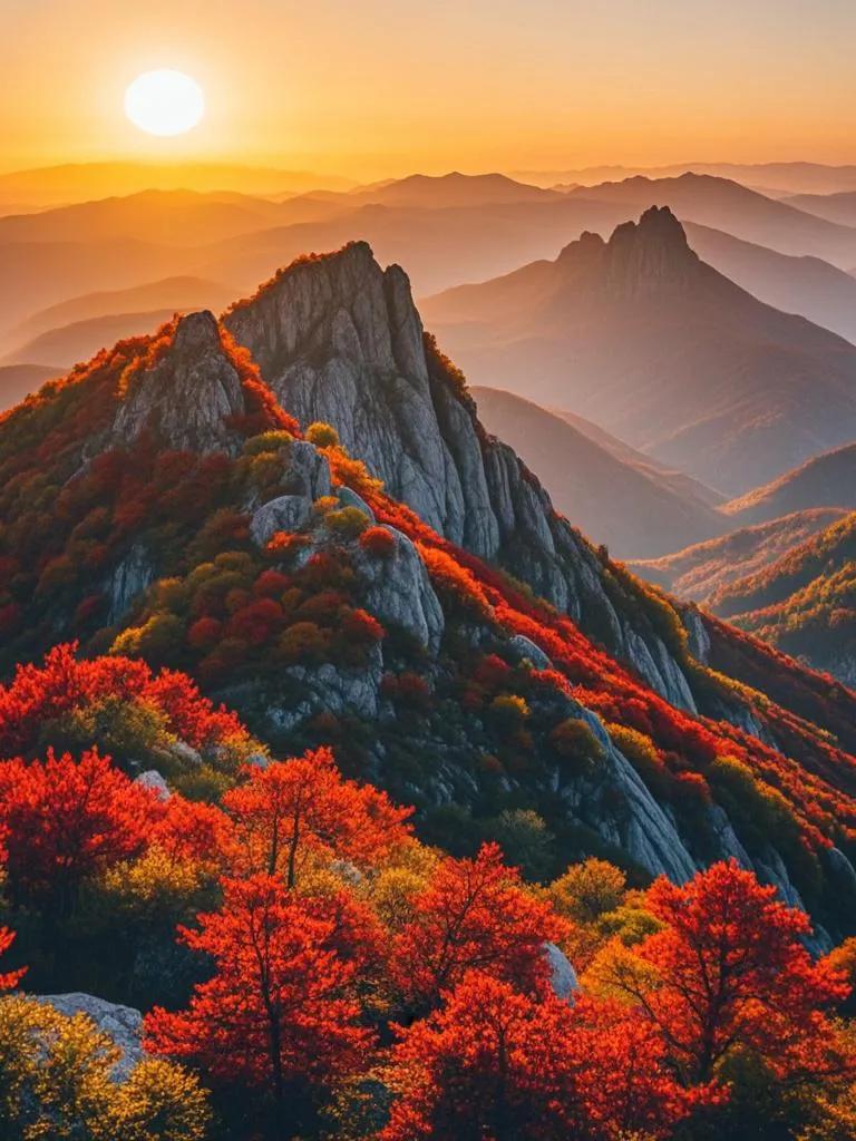  夕阳晕染鸡冠山，红叶风中舞醉颜。谷暗峰明添韵致，幽情缕缕伴霞还。夕照剪影诗