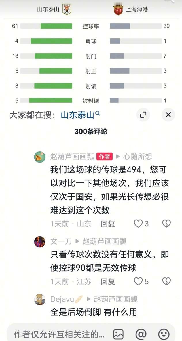 泰山队助教：我们这场球的传球是494，您可以对比一下其他场次，我们应该仅次于国安