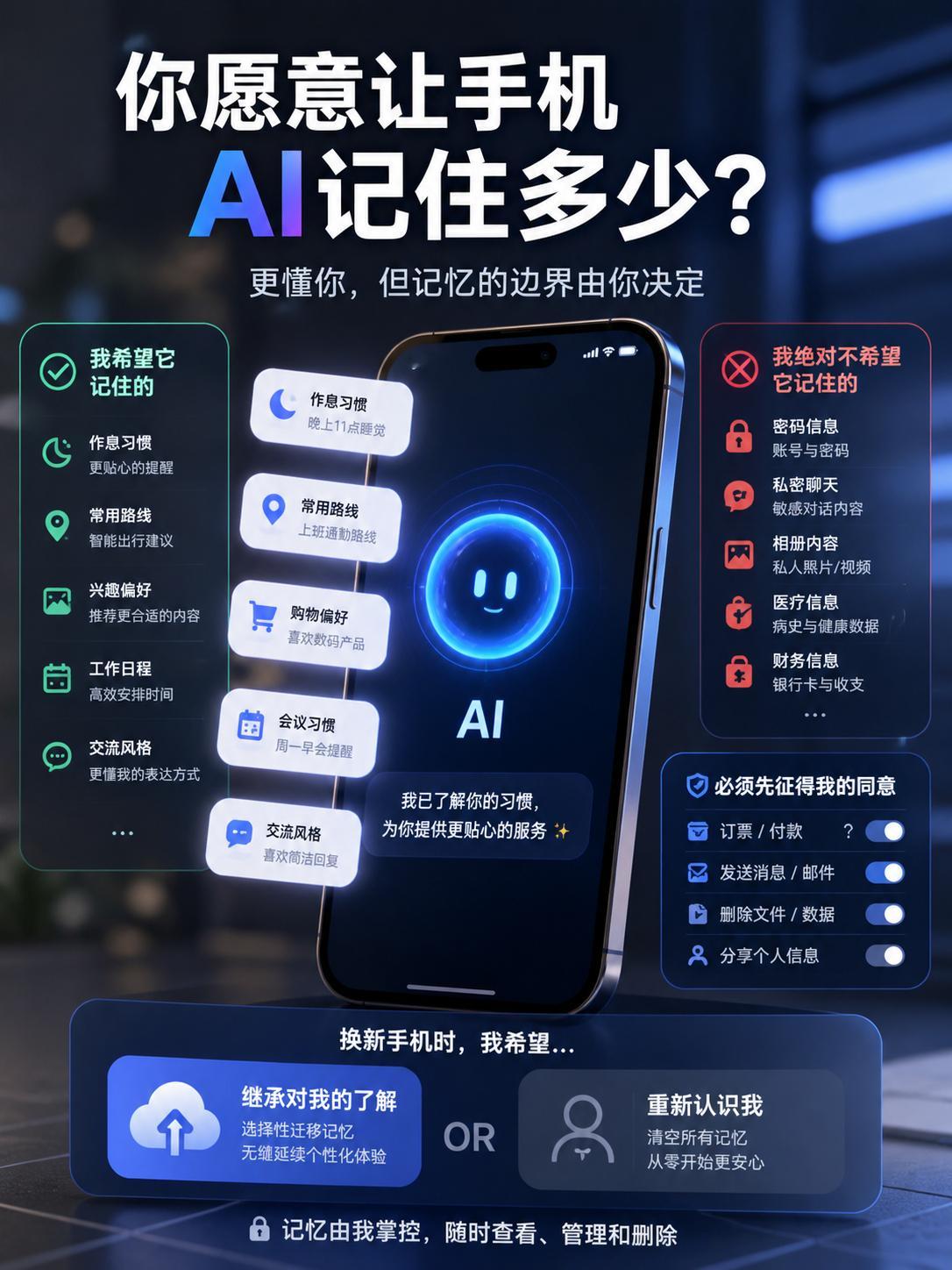 你愿意让手机AI记住多少 我其实不怕AI记得多，怕的是它记了什么我不知道，删不掉