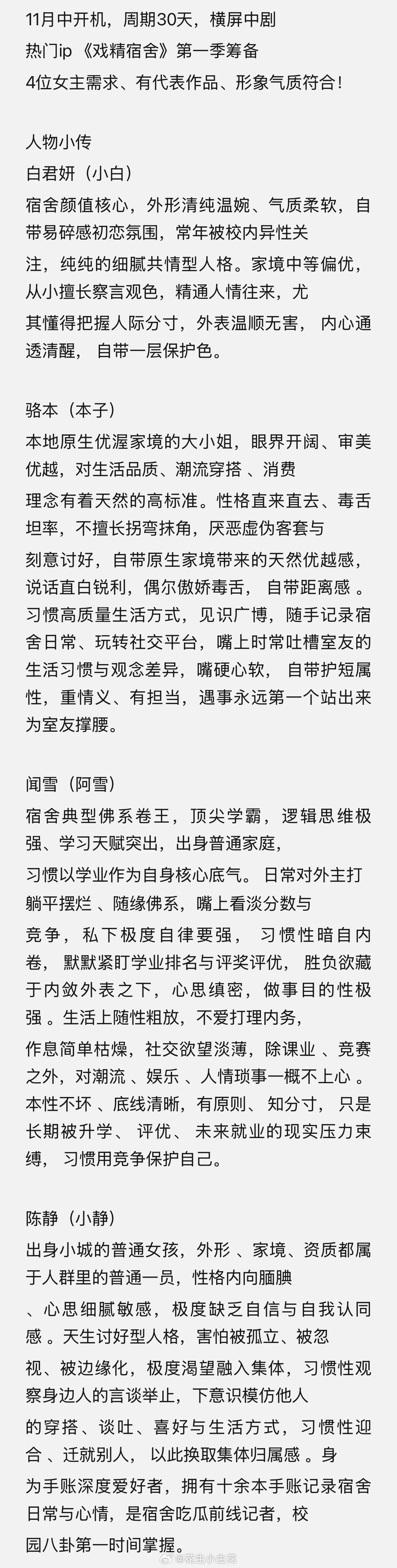 网剧《戏精宿舍》组讯出品：芒果tv、开心麻花开机时间：11月中旬拍摄周期：30天
