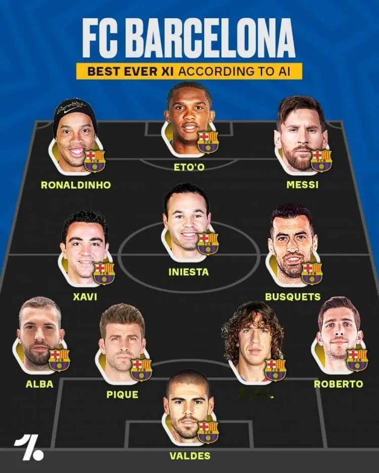 Onefootball：AI评出的巴萨队史最佳阵容，梅西、小罗、埃托奥组成锋线三