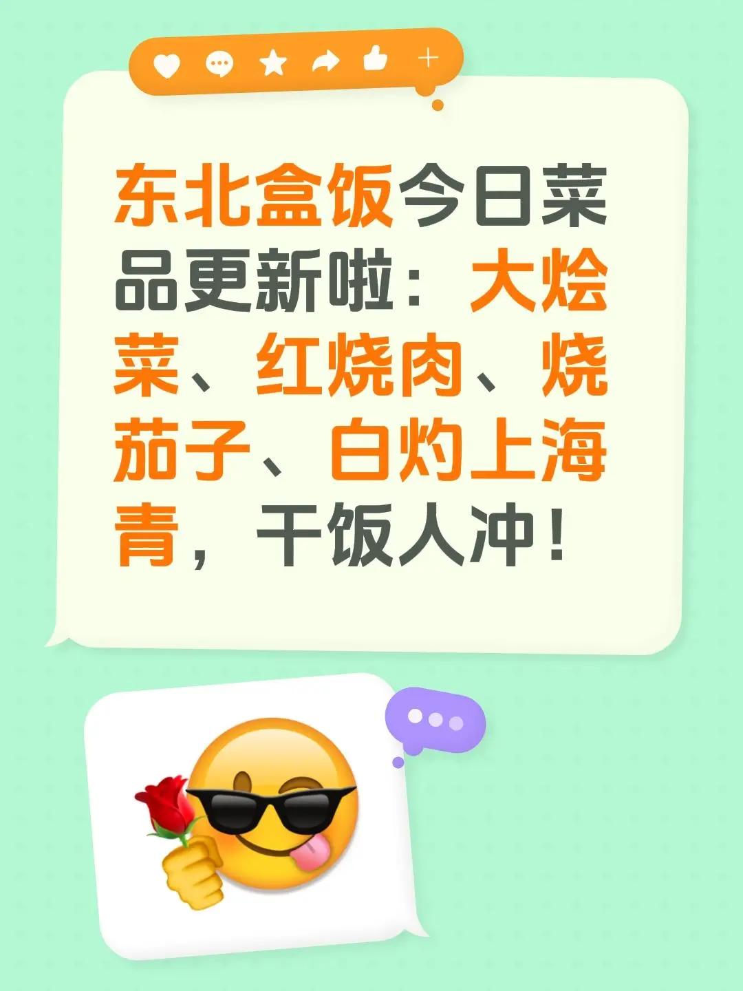 东北盒饭菜品预告。东北盒饭今日菜品更新啦：大烩菜、红烧肉、烧茄子、白灼上海青，干