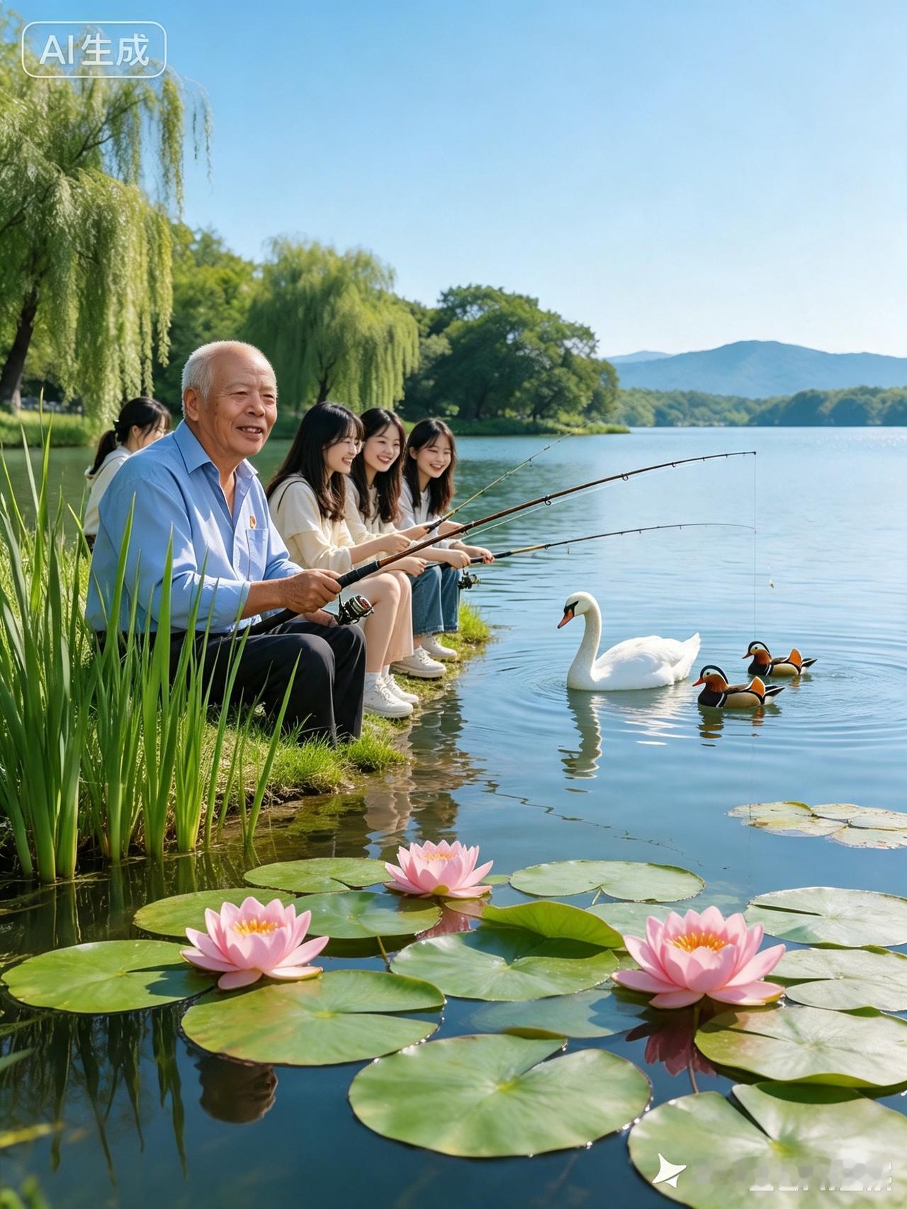湖畔垂钓
 
美女老人坐塘边，
手握鱼竿乐悠然。
荷花开满清波面，
天鹅戏水在身