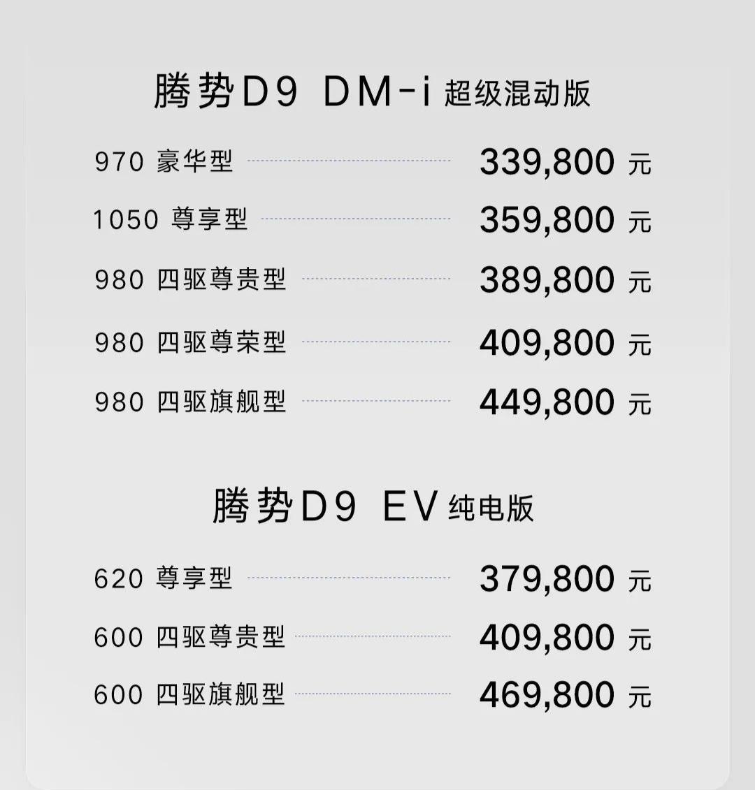 2024款腾势D9上市了，其中DM-i版本指导价33.98万元—44.98万元，