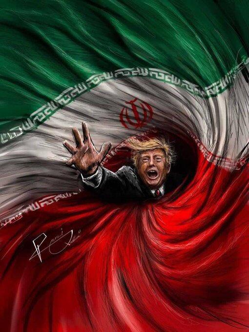 伊朗这幅漫画，把美国霸权的狼狈刻得入木三分。
 
在艺术家笔下，特朗普被伊朗国旗