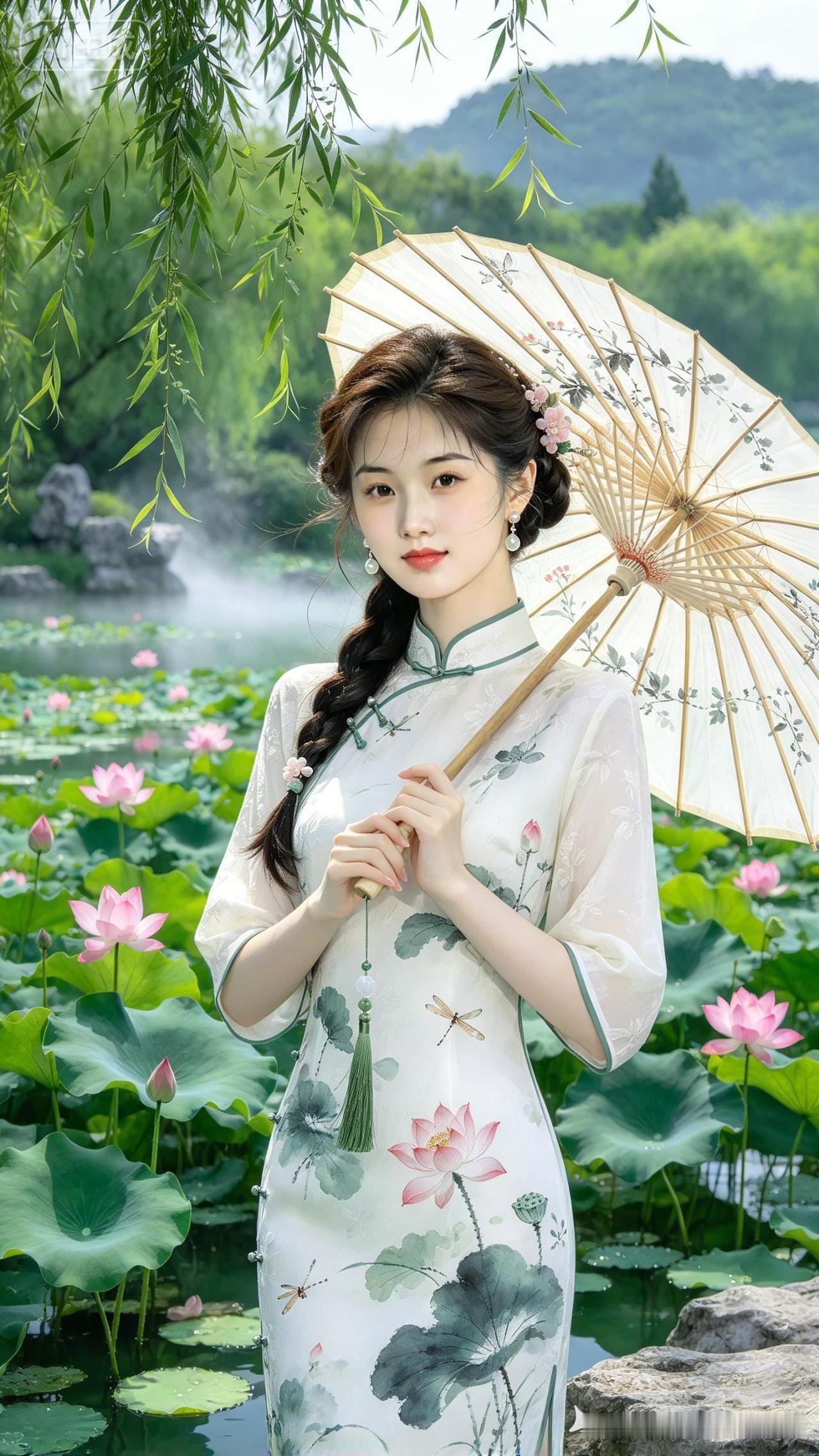 一位女子在荷花池边打着伞。