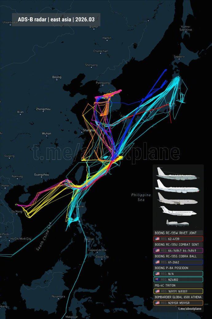 整个三月份美军及其盟友对我国沿岸的侦查非常密集，主要机型为RC-135系列侦察机