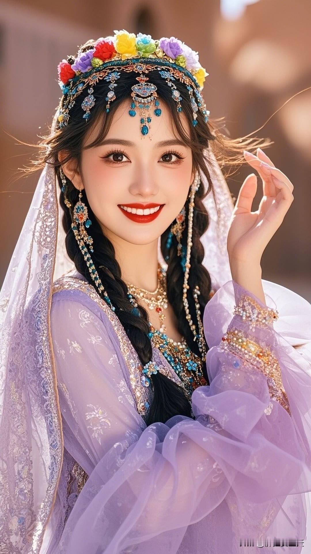 异域风情少女，头戴花冠，身着华丽服饰，微笑迷人。美女人像群