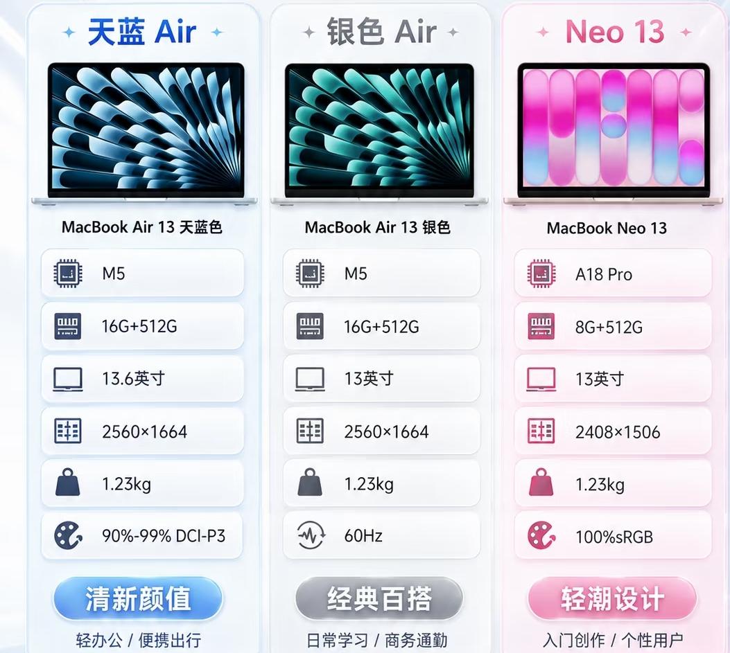 3款苹果高颜值轻薄本横向对比，选购不纠结
 
   三款便携轻薄本重量同为1.2