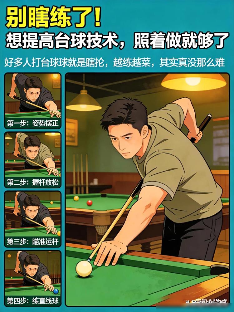 好多人刚摸台球就瞎抡猛打。攥杆攥得死紧，大臂甩得飞起，母球经常飞偏，越打越挫败。