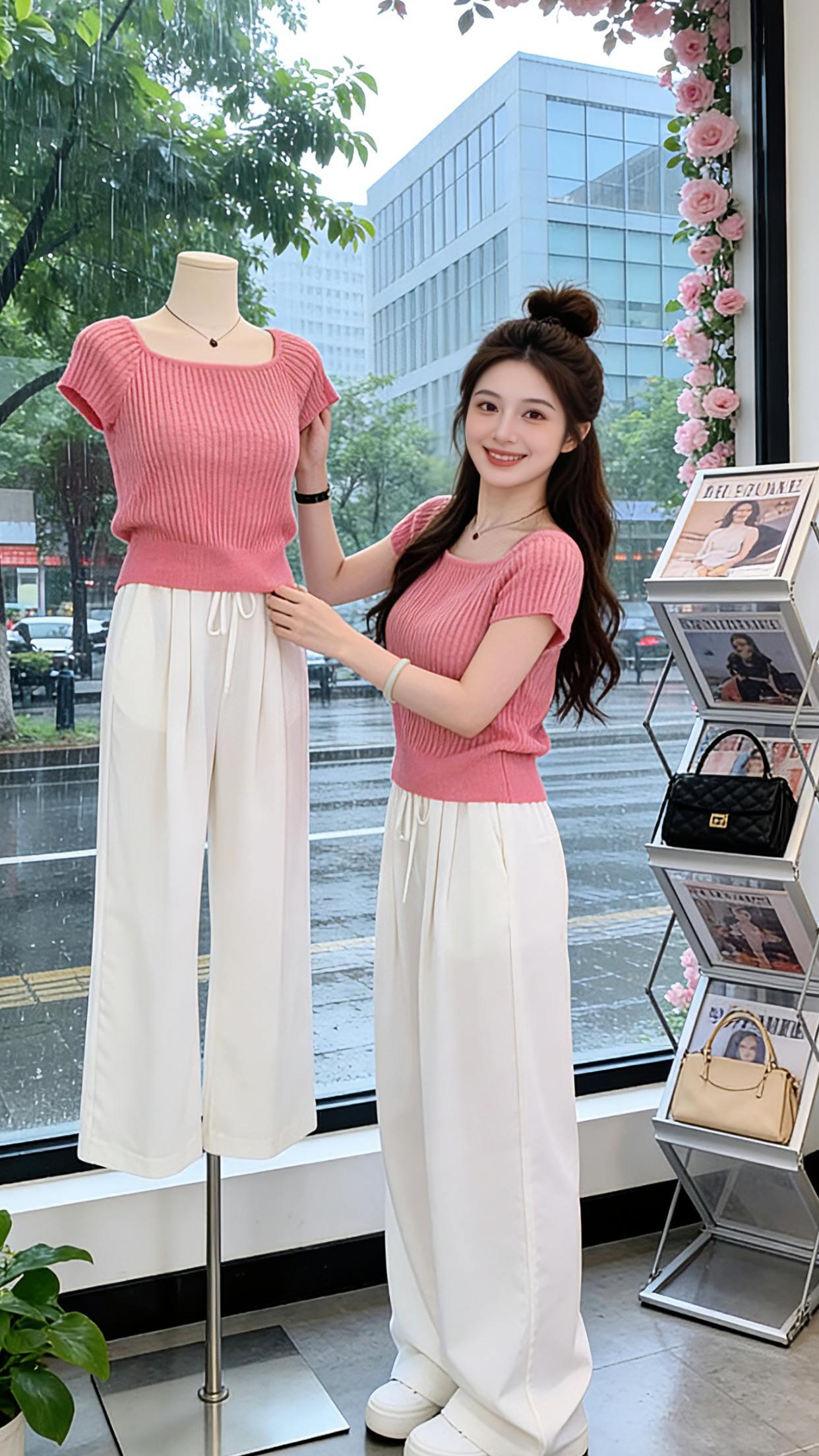 终于找到夏天穿不腻的套装了！软糯的方领针织短袖显瘦不挑身型，垂坠感阔腿裤藏肉又舒