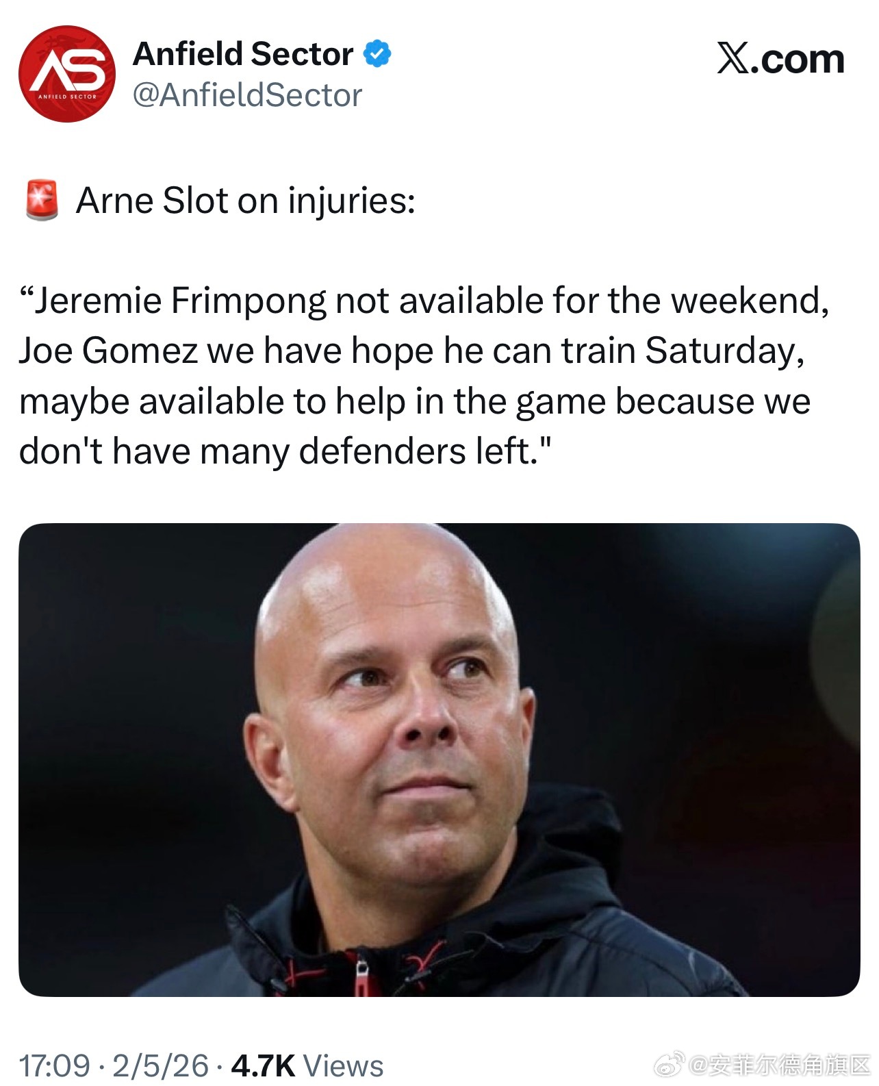 弗林蓬周末的比赛还踢不了，斯洛特希望戈麦斯可以赶上周六的训练课这样他就有可能出战