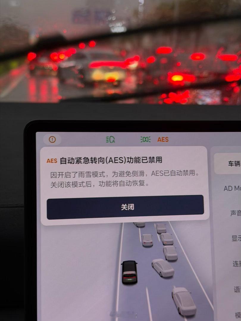 突如其来的大暴雨，理想第一时间跳出提醒进入雨雪模式，AES自动禁用，动力和回收也