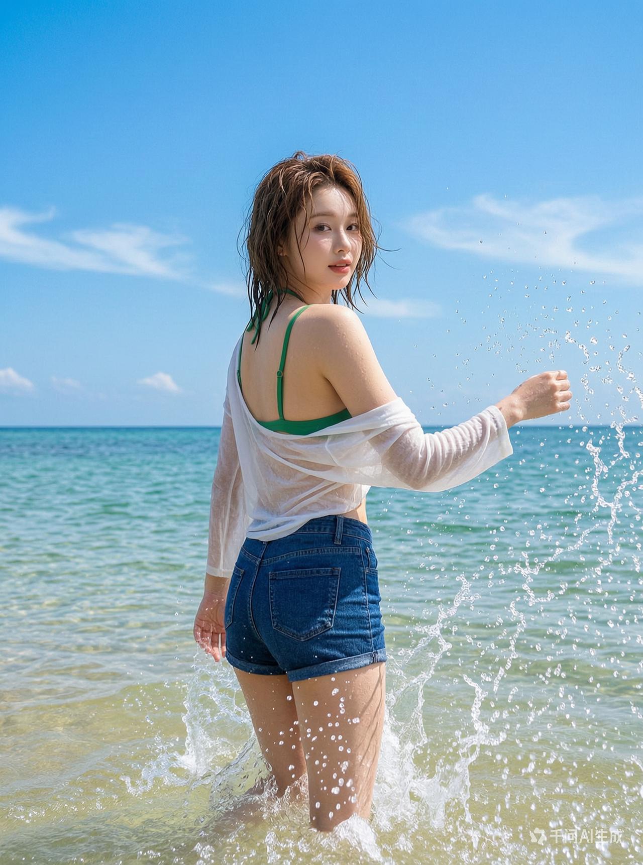 海边嬉戏的少女，水花飞溅，夏日清凉