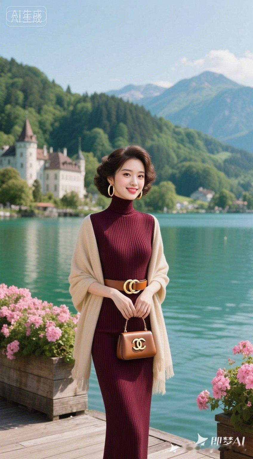 在湖畔漫步，优雅穿搭，尽显迷人魅力！🌿👗👠