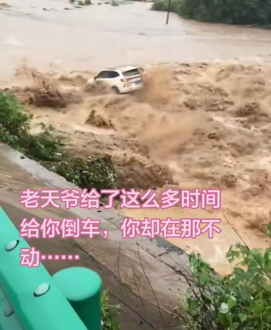 老天给了你几分钟的时间让你倒车，你却站在那里摆拍不动，让车子冲下水是什么意思？是