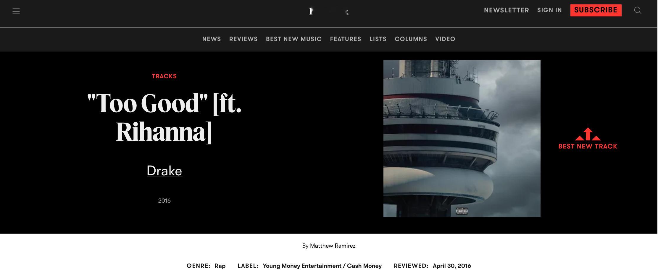 【乐评历史】乐评机构 Pitchfork 为 Drake 评价红标单曲一览： 