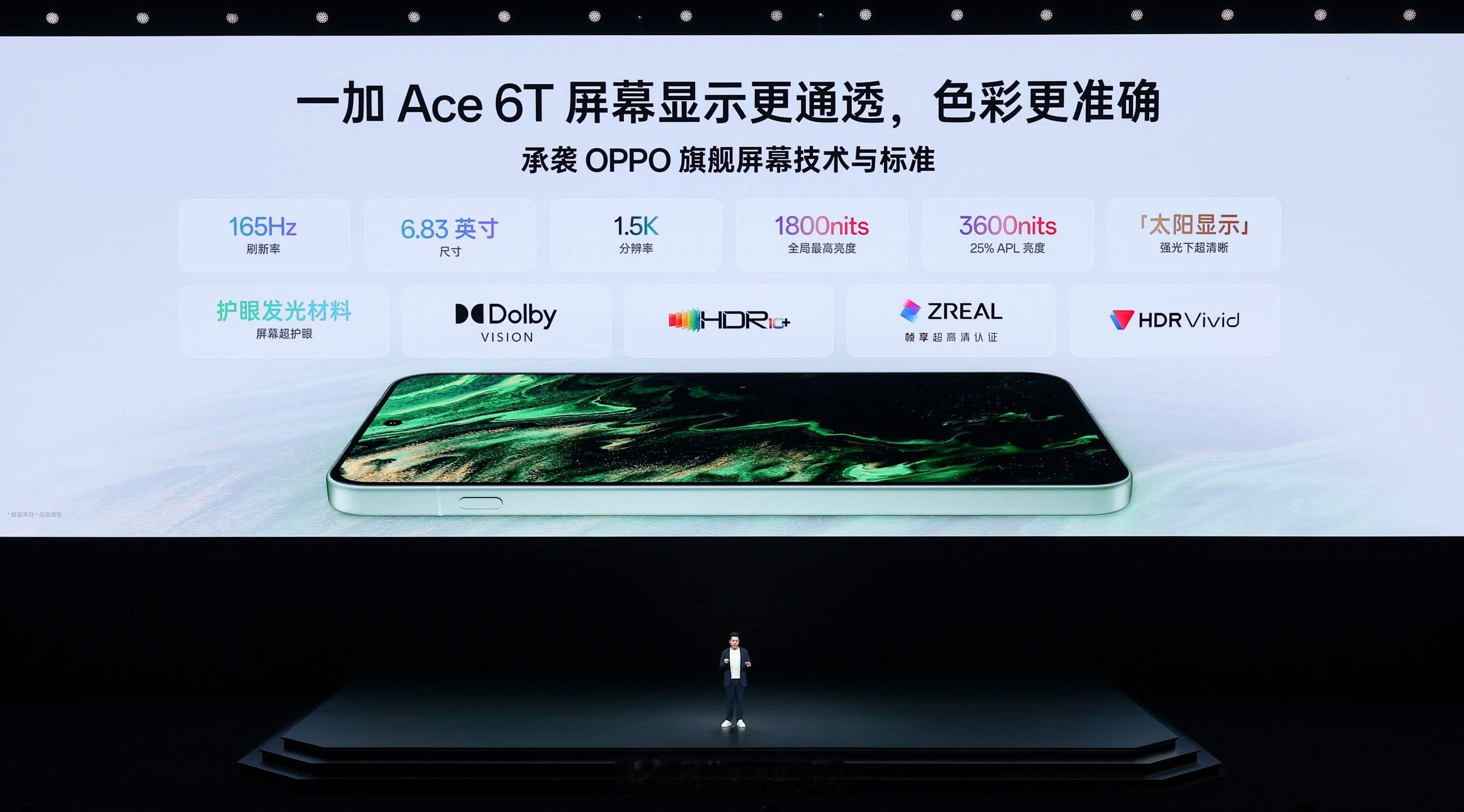 一加Ace6T 搭载一块6.83英寸165Hz 超高刷电竞屏，参照一加旗舰标准定