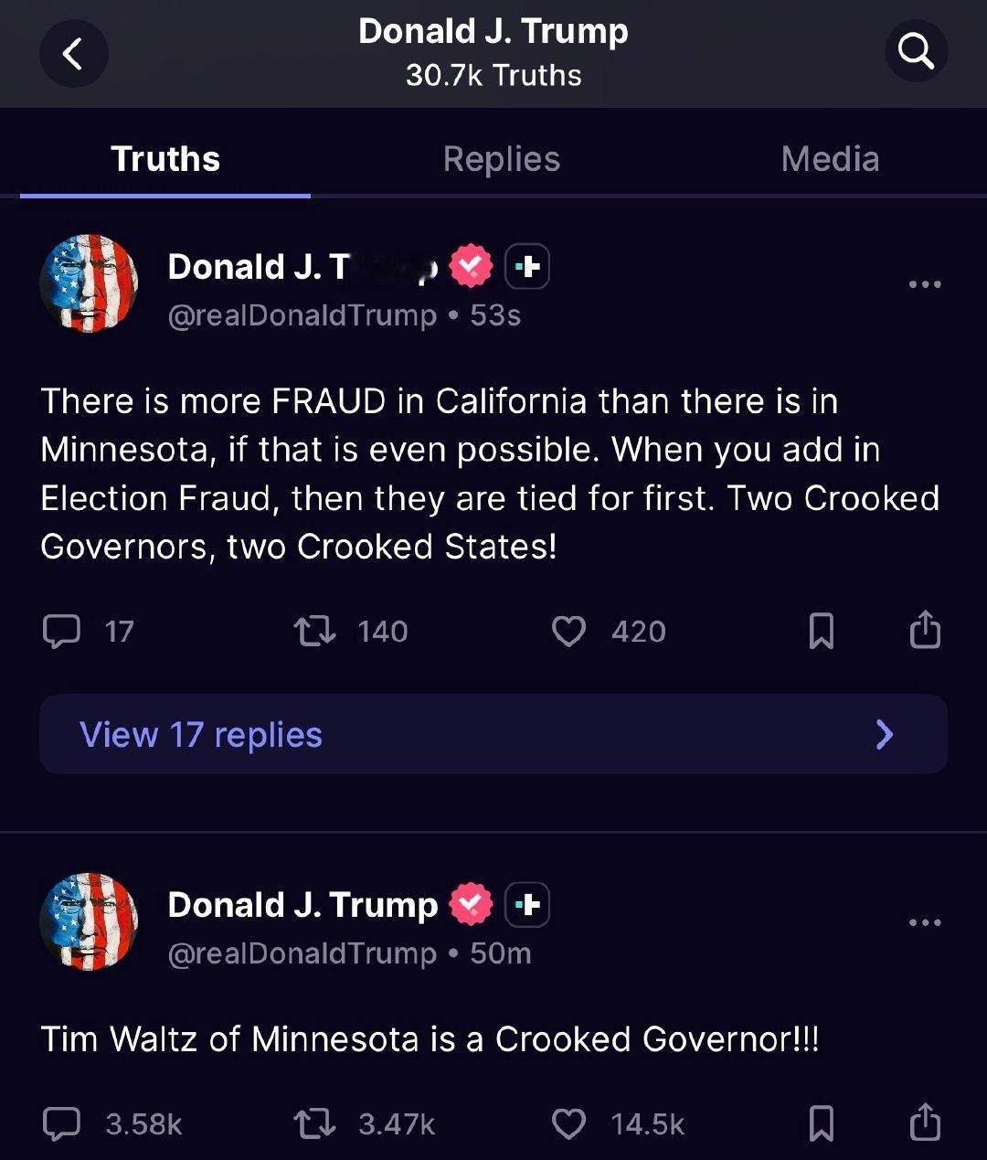 特朗普2025年最后一天怒喷沃尔兹和纽森

“加州的欺诈行为比明尼苏达州还多，这