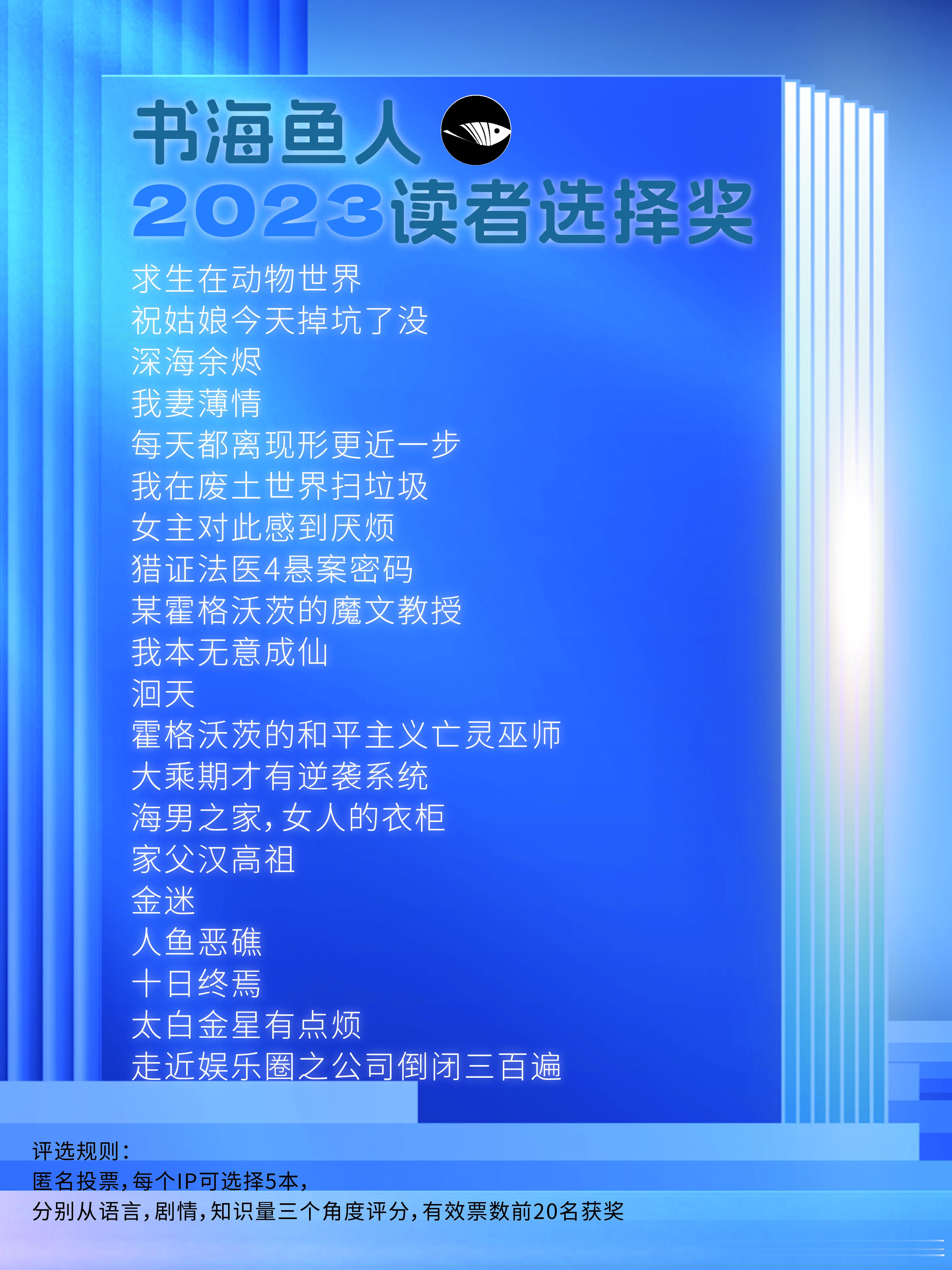 在2023年晨曦杯公布最终名单之际，书海鱼人的2023读者选择奖也落下帷幕啦~本