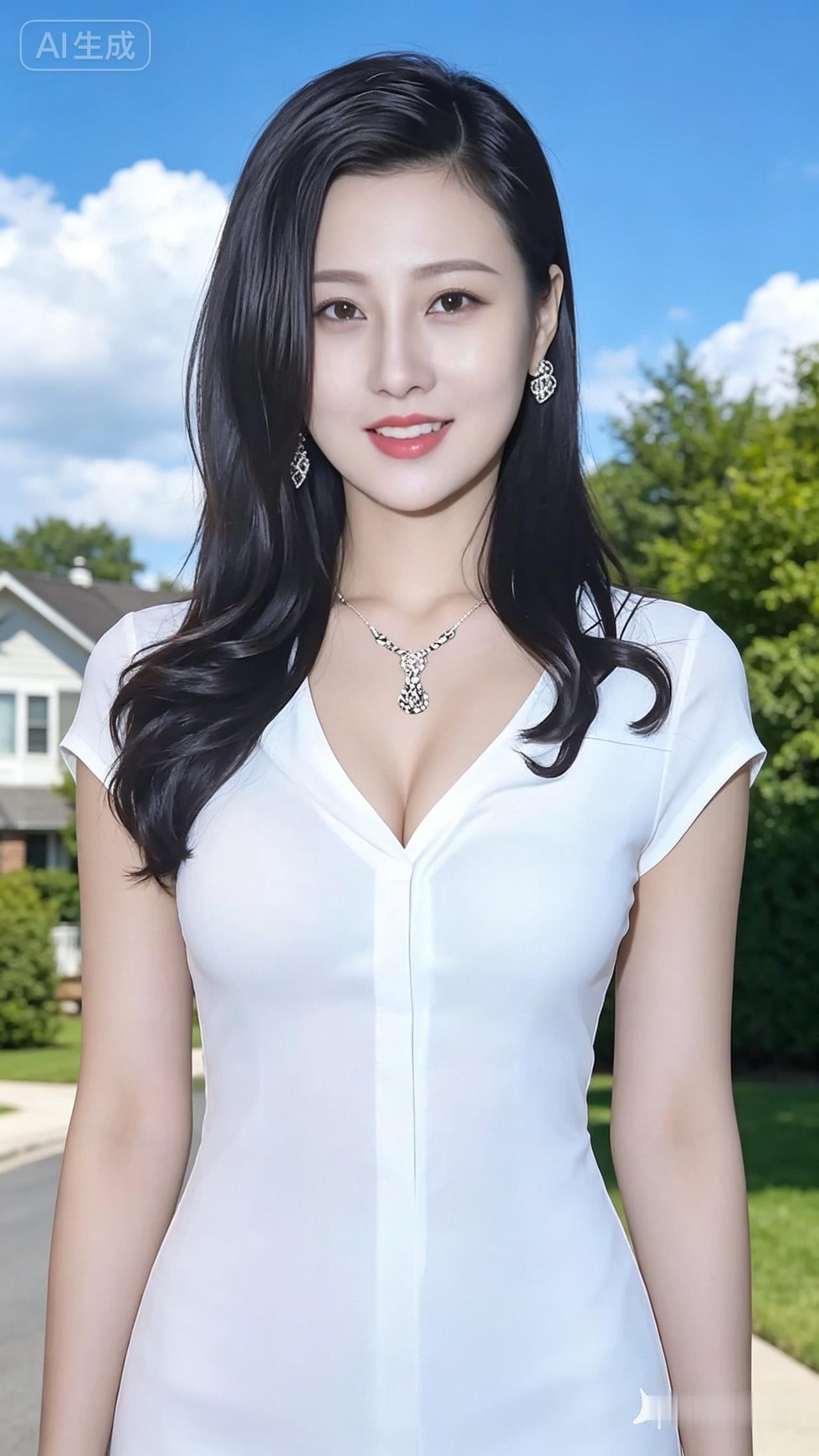 一个穿白裙子的美女在户外拍照。