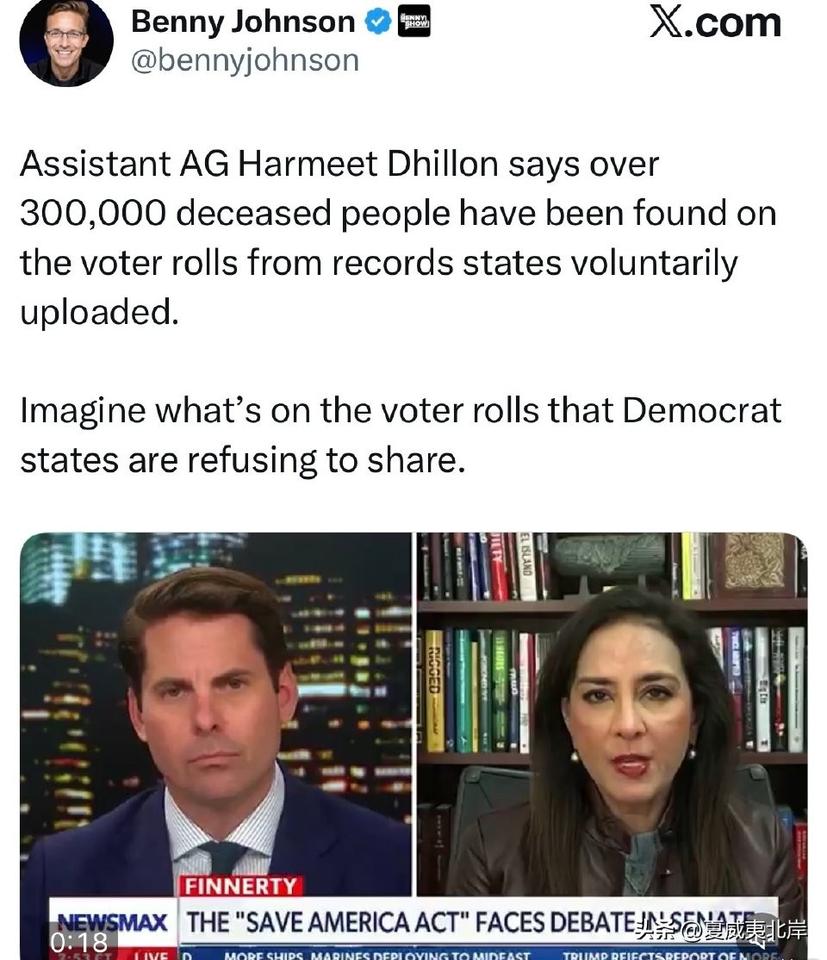 AG助理Harmeet Dhillon表示，在各州自愿上传的记录中，选民名册上已