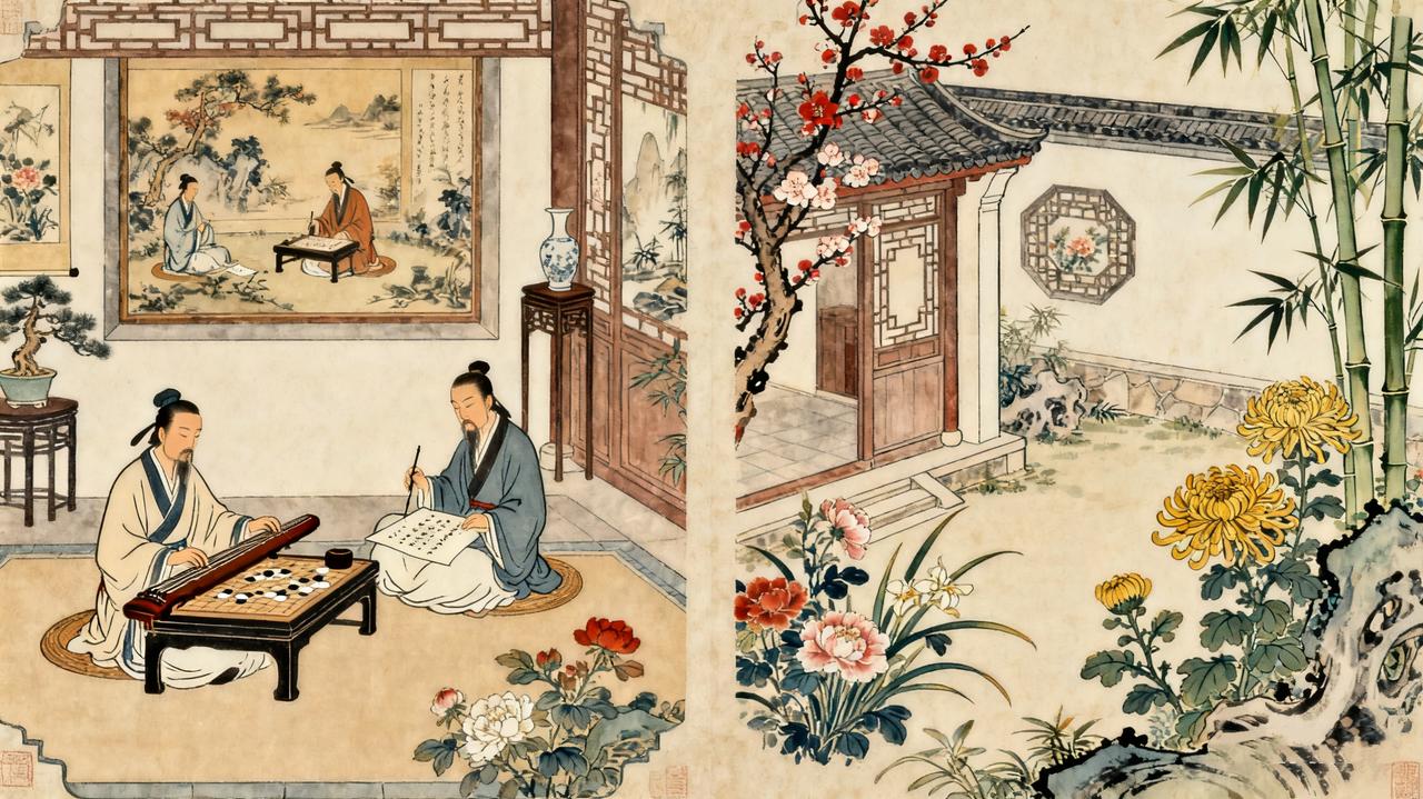 上联：琴棋书画门门晓，如何对下联梅兰竹菊样样赏。“琴棋书画”与“梅兰竹菊”均为传