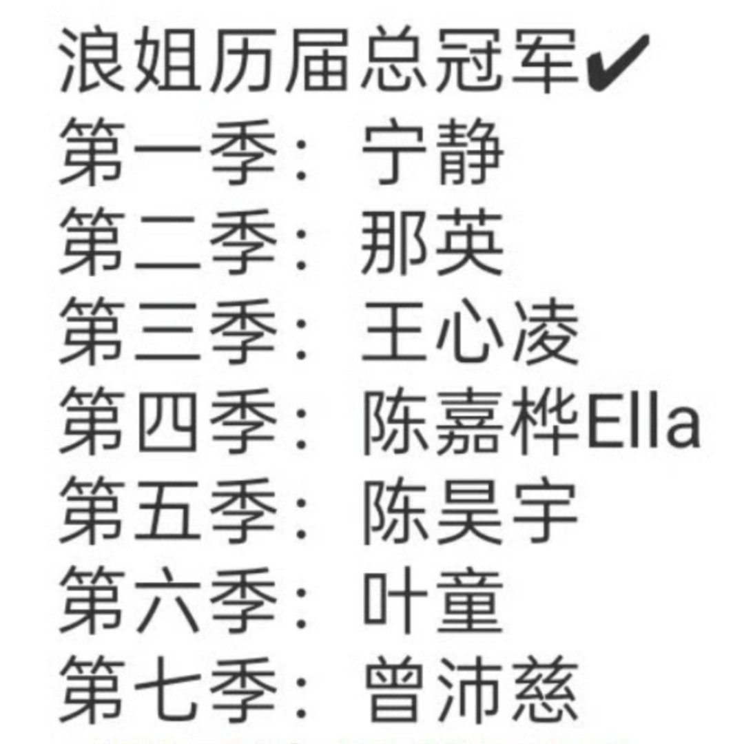 浪姐历届总冠军，实至名归！第一季：宁静第二季：那英第三季：王心凌第四季：陈嘉桦E