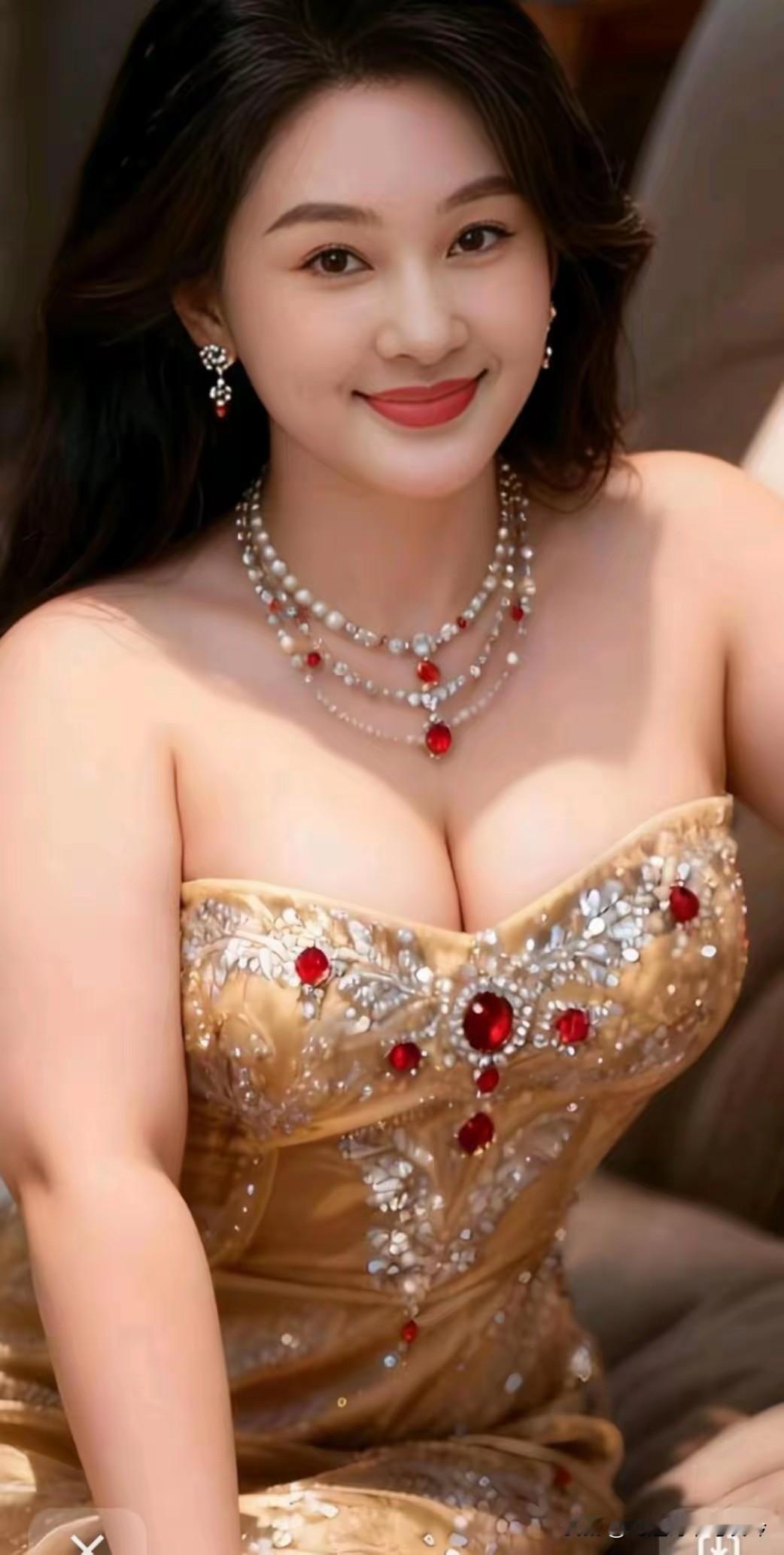 真美女人，宛如一幅富贵花开的绝美画卷在眼前徐徐铺展。

她人美、身美，所佩戴的珠