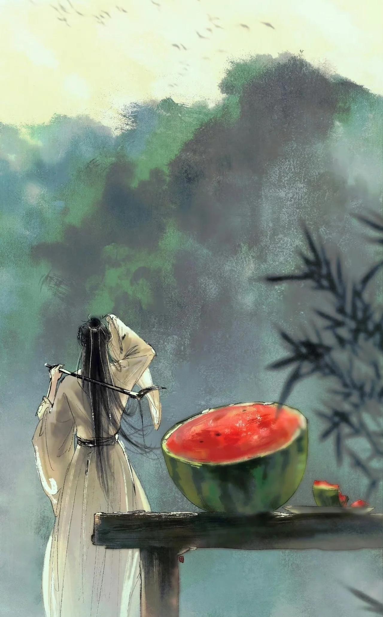 李莲花的夏日，一瓜一山，一身清闲
竹影青山，半块冰镇西瓜，卸下江湖刀光剑影
李莲