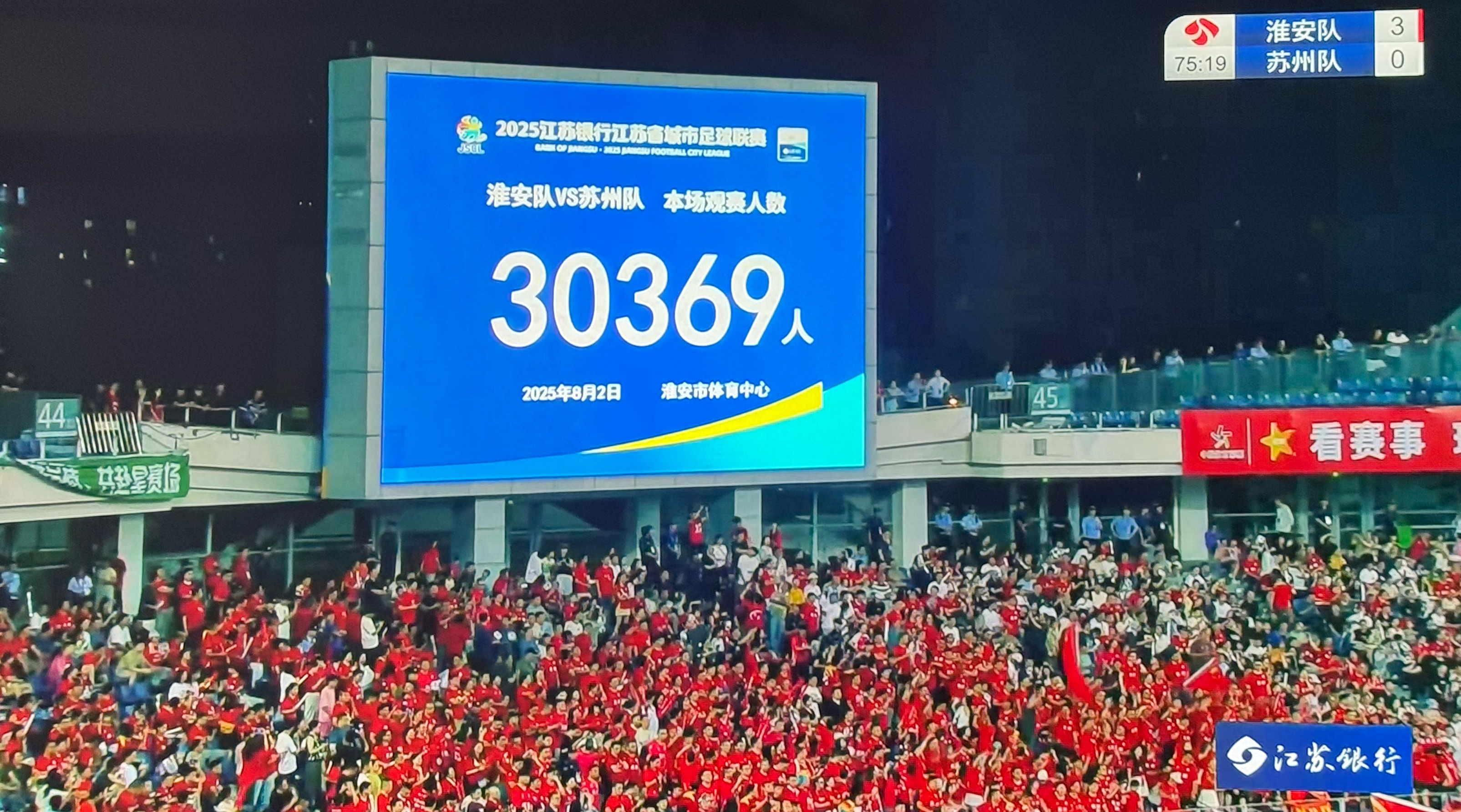 淮安vs苏州淮安主场上座率破3万，场地满座33000人，今天室外阴天，26度，很
