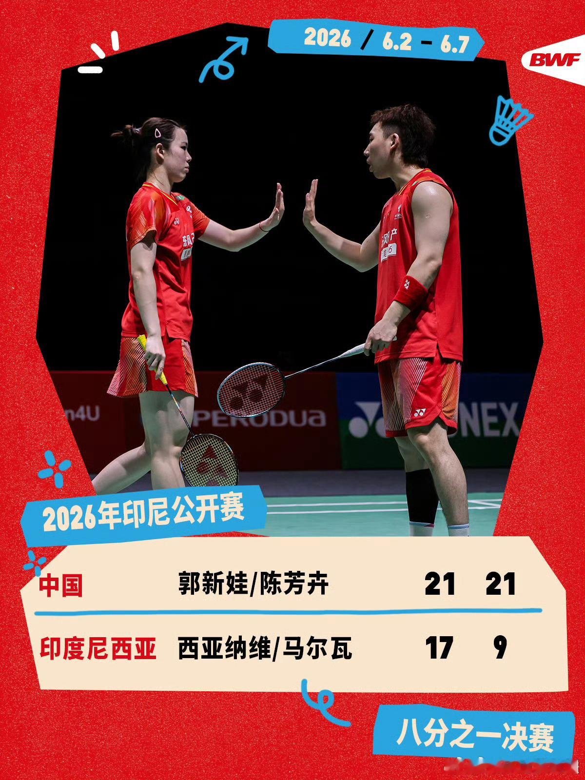 娃卉组合2比0印尼组合 2026年印尼羽毛球公开赛，郭新娃/陈芳卉2-0(21-