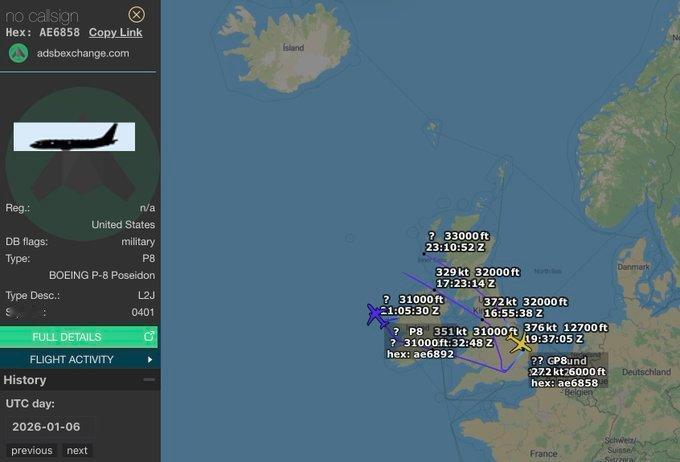 当地时间2026年1月6日，美国海军P-8反潜巡逻机现已在英国米尔登霍尔皇家空军