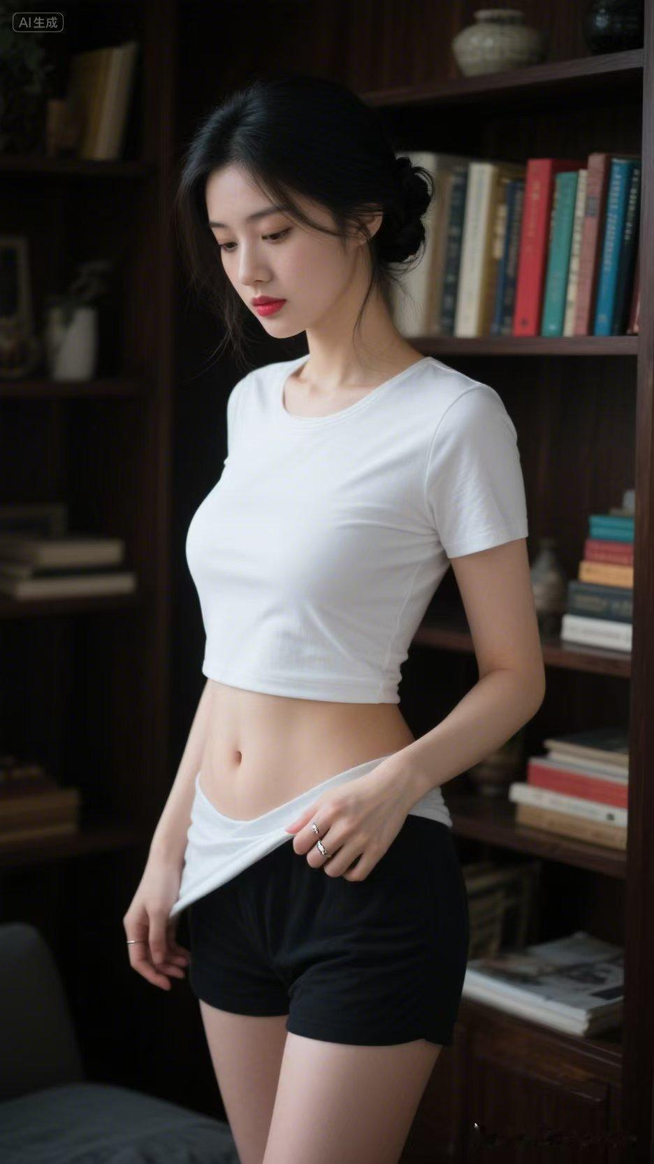 宽松白T恤轻轻撩起，隐约露出纤细腹肌，书香少女静坐享受慵懒午后。柔光漫洒衬出白皙