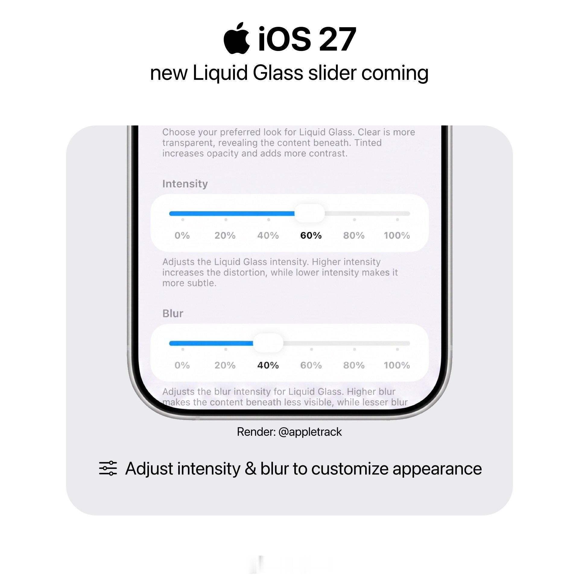 传 iOS 27 将推出全新的液态玻璃模糊度的调节滑块，这波对性能羸弱的老款 i